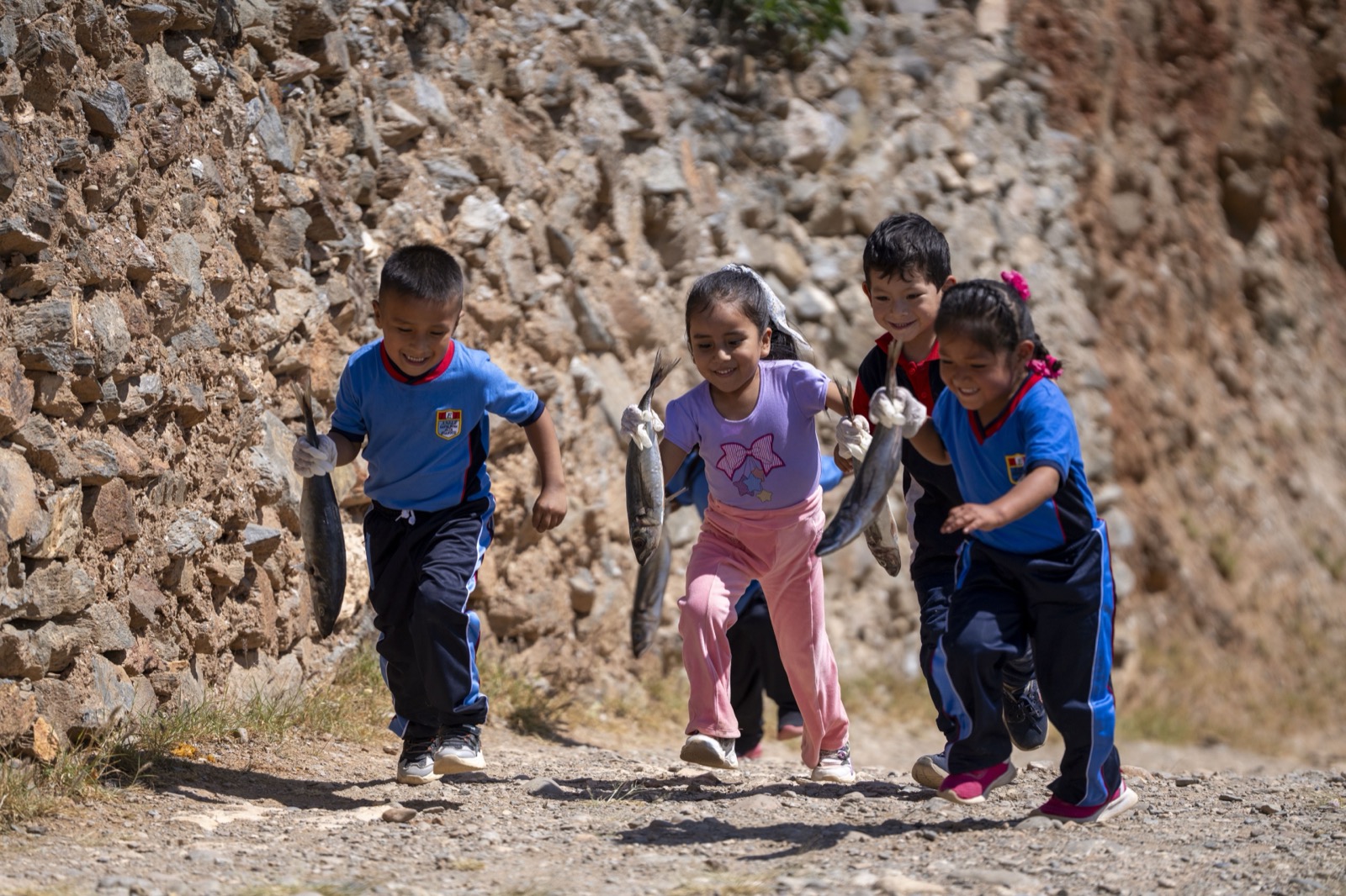 Children running on mountain path